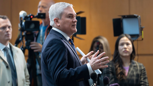 House Oversight and Accountability Committee Chairman James Comer, R-Ky., speaks to reporters prior to a closed-door deposition in a Republican-led investigation into the Biden family, on Capitol Hill in Washington, Wednesday, Feb. 28, 2024. (AP Photo/J. Scott Applewhite)