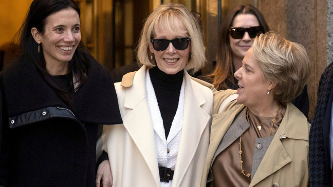 FILE - E. Jean Carroll leaves federal court after a jury awarded her $83.3 million in a case against former President Donald Trump, Jan. 26, 2024, in New York. An attorney for the longtime advice columnist suggested Monday, March 11, 2024, that a new defamation lawsuit was possible against the ex-president after he resumed verbal attacks against her at a weekend rally. (AP Photo/Yuki Iwamura, File)