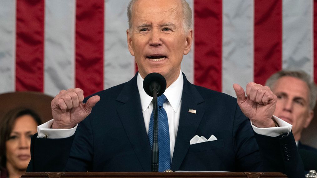 FILE - President Joe Biden delivers the State of the Union address to a joint session of Congress at the U.S. Capitol, Feb. 7, 2023, in Washington, as Vice President Kamala Harris and House Speaker Kevin McCarthy of Calif., listen. (AP Photo/Jacquelyn Martin, Pool, File)