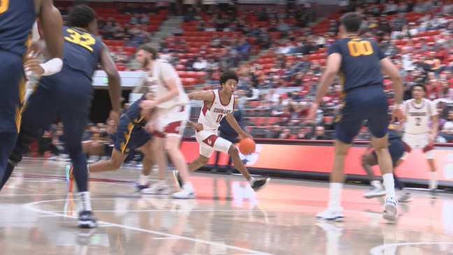 Jaylen Wells driving to the basket in their game against Cal.{&nbsp;}