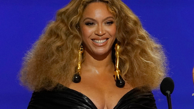 FILE - Beyoncé appears at the 63rd annual Grammy Awards in Los Angeles on March 14, 2021.  (AP Photo/Chris Pizzello, File)