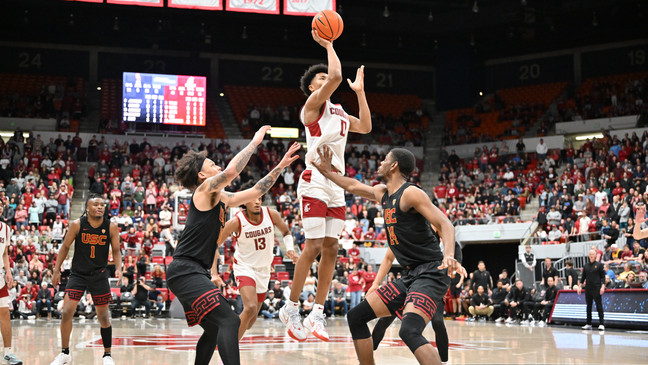 Forward Jaylen Wells makes a floater jump shot. He scored 13 points. Courtesy: WSU Athletics{&nbsp;}{p}{/p}