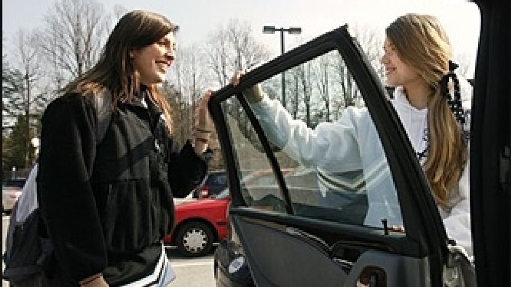 Rosie Jermakian, 16, left, gets a ride after school from Kristin Phillips, 18, in Bethesda, Md. on Friday Feb. 29, 2008.