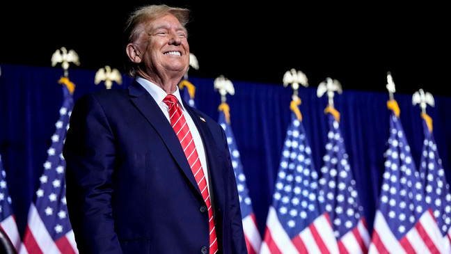 Republican presidential candidate former President Donald Trump arrives at a campaign rally Saturday, March 9, 2024, in Rome Ga. (AP Photo/Mike Stewart)