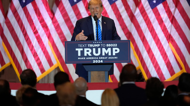 Republican presidential candidate former President Donald Trump speaks at a Super Tuesday election night party, Tuesday, March 5, 2024, at Mar-a-Lago in Palm Beach, Fla. (AP Photo/Rebecca Blackwell)