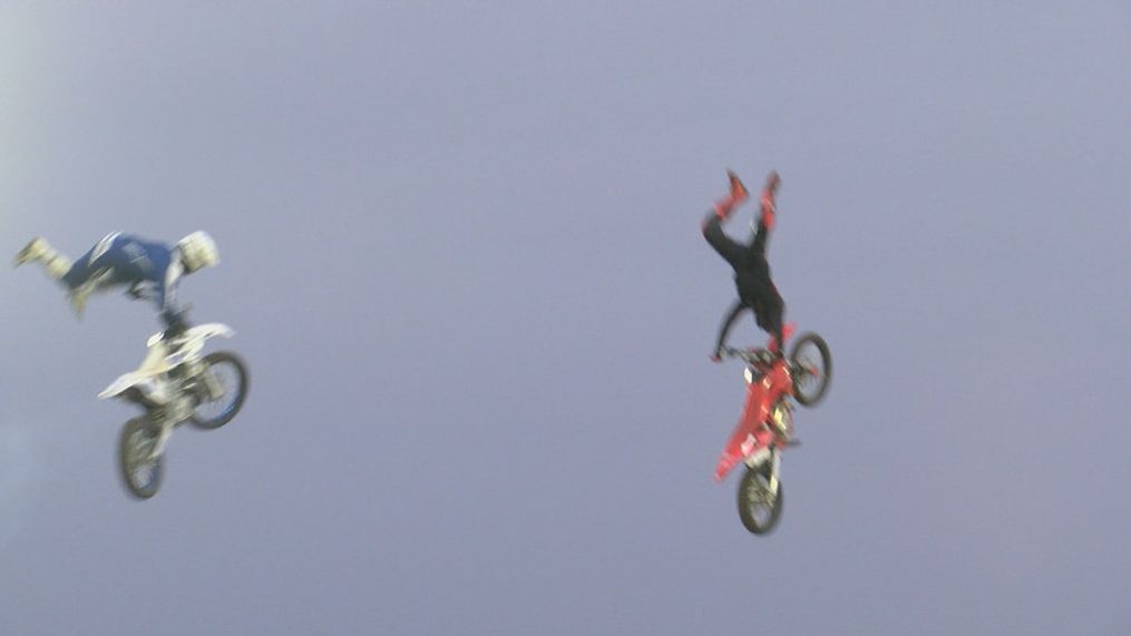 Two stunt devils perform at the Lewiston Supercross.{&nbsp;}{p}{/p}