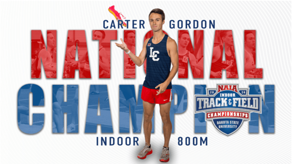 Carter Gordon won the 800m in the NAIA national title game. Courtesy: LC State Athletics{&nbsp;}